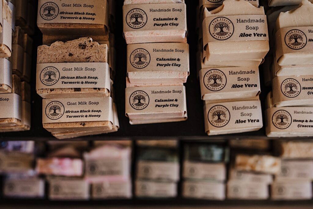 Hand made and cut soaps from the 63rd Street Apothecary in Batavia Illinois.  Goat milk soap, calamine and purple clay, and aloe vera hand soap are featured in this photo.
