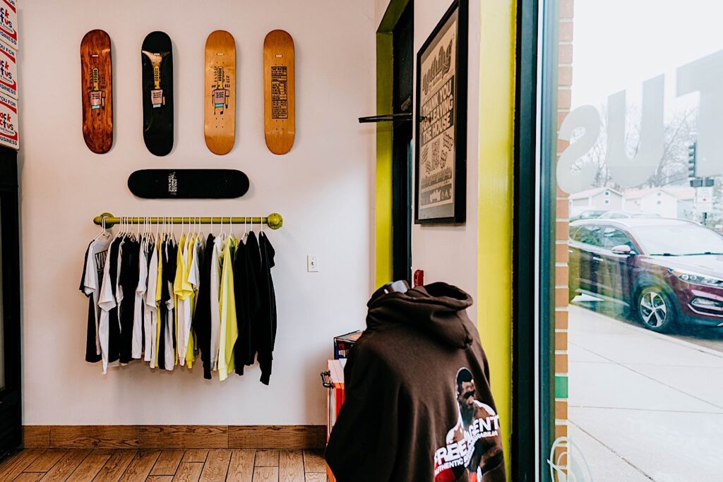 Streetwear made by creators from Black Cactus Print House in Batavia Illinois featured in their Wilson Street Storefront.